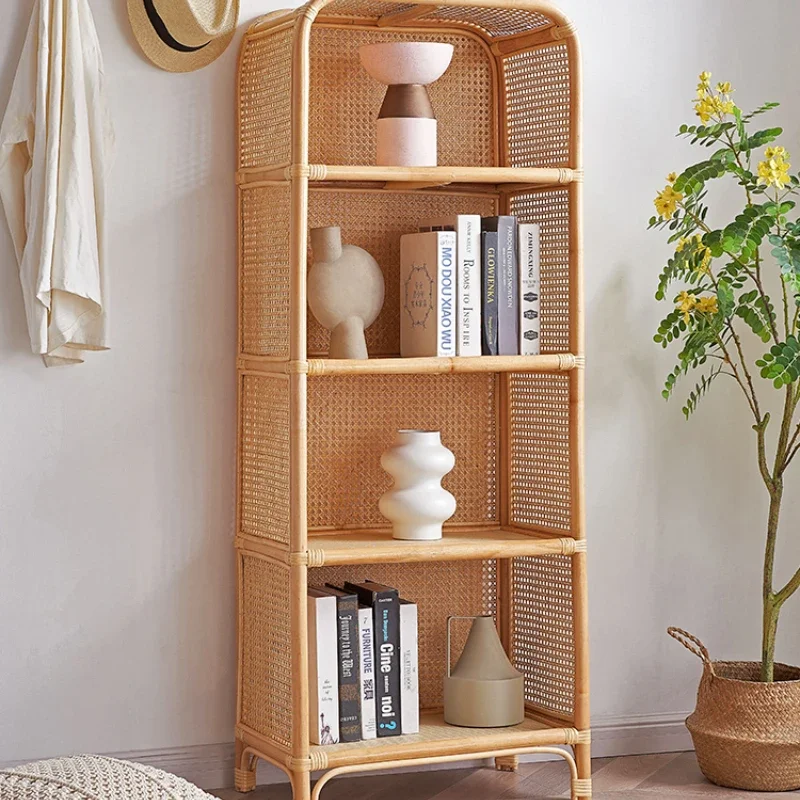 Japanese-Style Bookshelf Floor Ins Real Rattan Small Apartment Storage Rack Rattan Decorative Frame New Chinese Simple