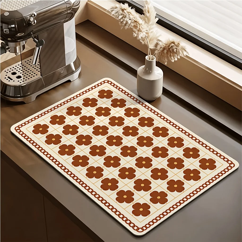 Brown Floral Checkerboard Dish Drying Mat Retro Flower Counter Mat Absorbent Microfiber Coffee Bar Kitchen Countertop Drying Pad