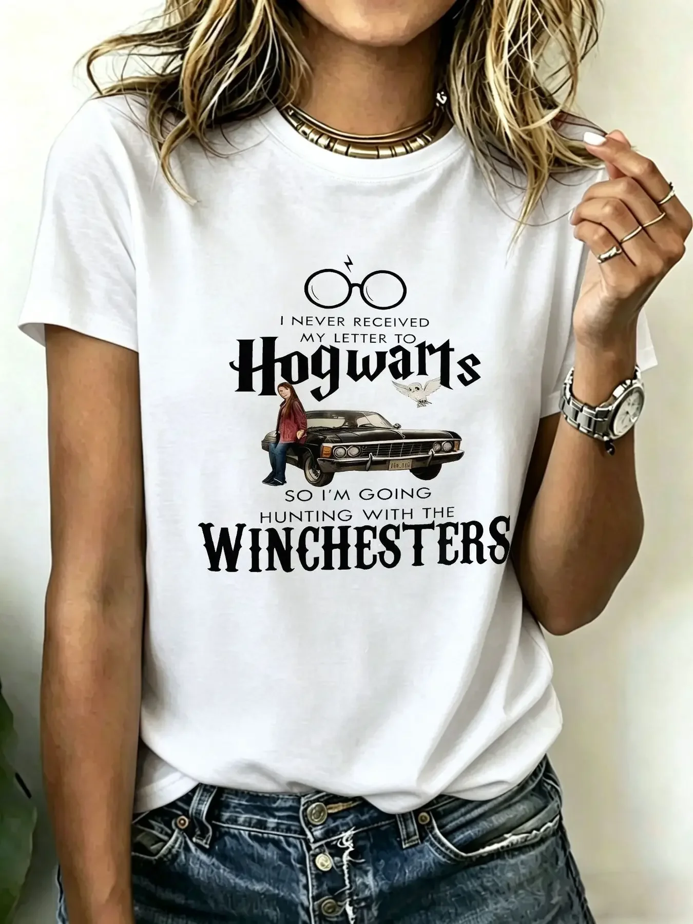 Camiseta de mujer de talla grande de algodón puro de 180 gramos, camiseta con gráfico de Harry Potter y Supernatural, "Nunca recibí mi carta a Hogwarts"