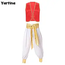 Mens Arabian Prince Kings Roleplay Costume Mythical Aladin Carnival Cosplay Outfit Sequins Trim Waistcoat with Belted Pants