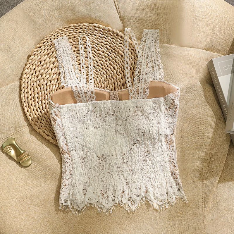 프랑스 레이스 캐미솔, 여성용 슬림핏 스파게티 스트랩 탱크탑 (컵 내장), 레이어드 또는 아우터용