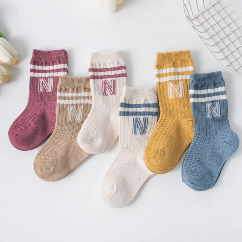 3Pairs Children Knit Soft Cotton Letter Socks Kids Long Knee High Socks Infant Toddler Baby Boys Girls Cute Stripe Socks