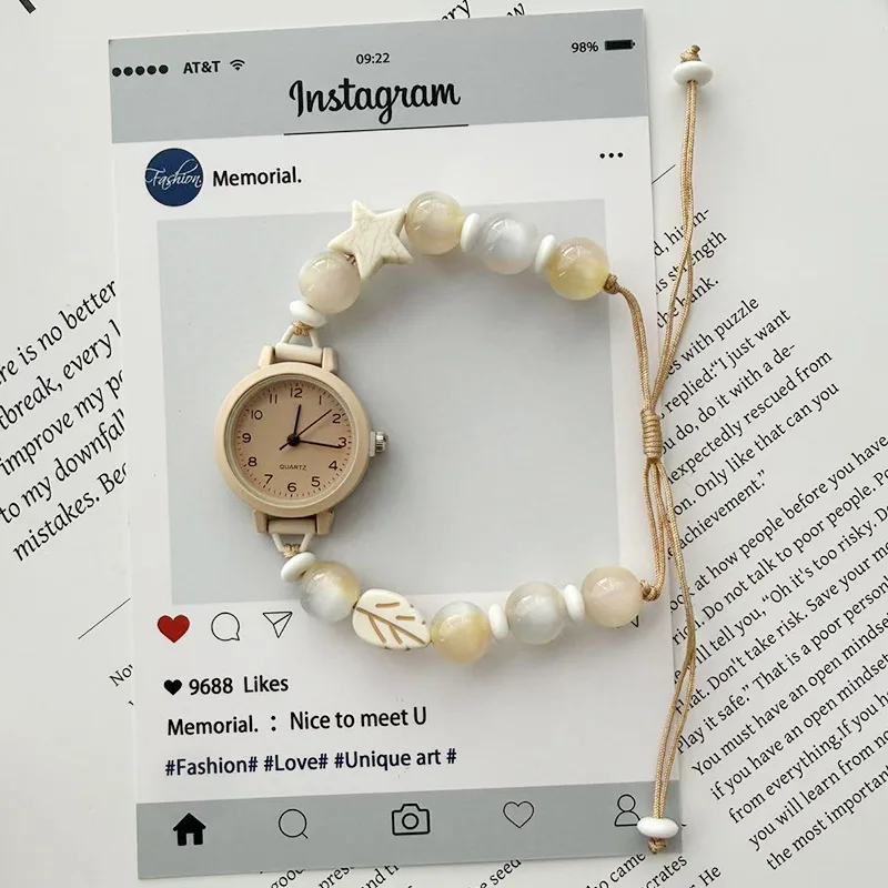 Cute Student Quartz Watches Cat's Eye Stone Bead String Pulling Weaving Rope Strap Exam Watch Luxury Gift Wristwatches Wholesale