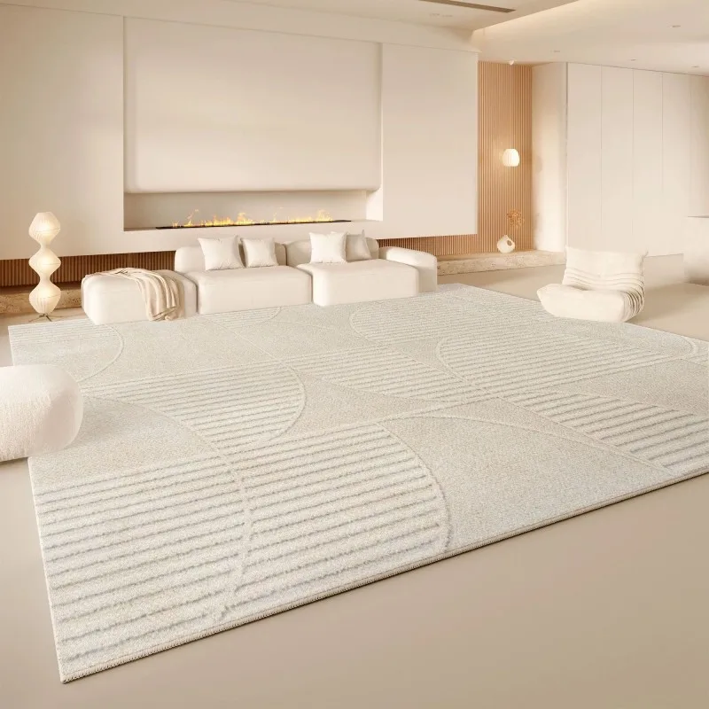 VIKAMA Minimalist Embossed Curve Area Rug Cream Neutral Non Slip Washable Carpet Mat Living Room Bedroom Sofa Home Decor