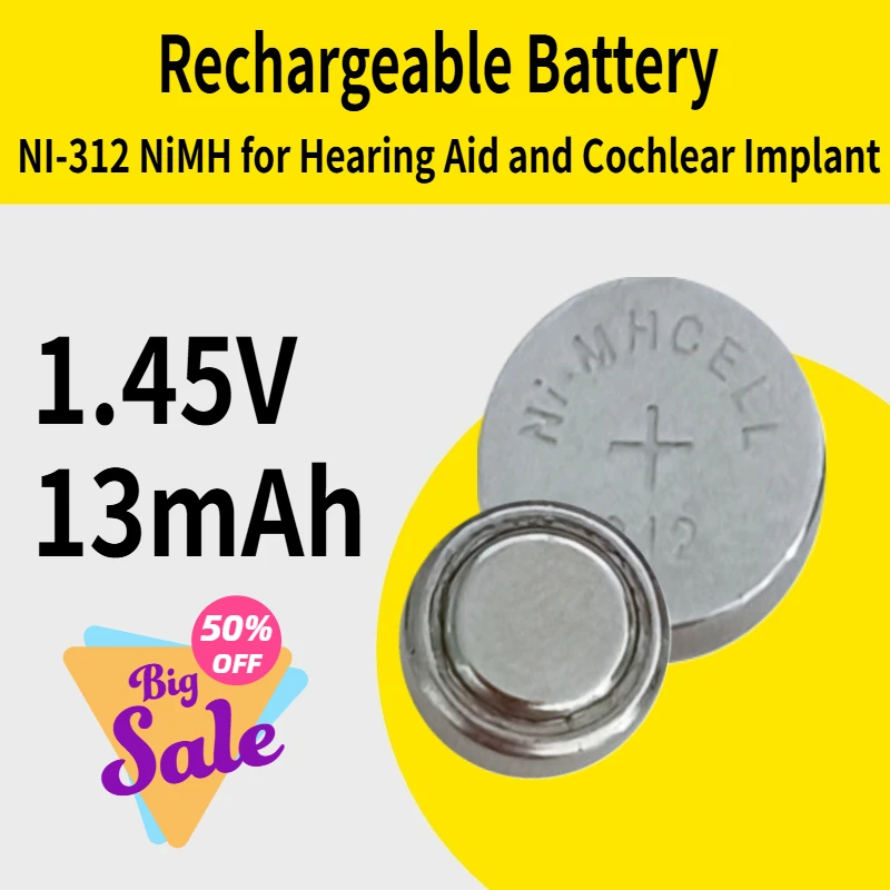 

NI-312 NiMH Button Battery 1.45V 13mAh for Hearing Aid and Cochlear Implant Rechargeable Battery