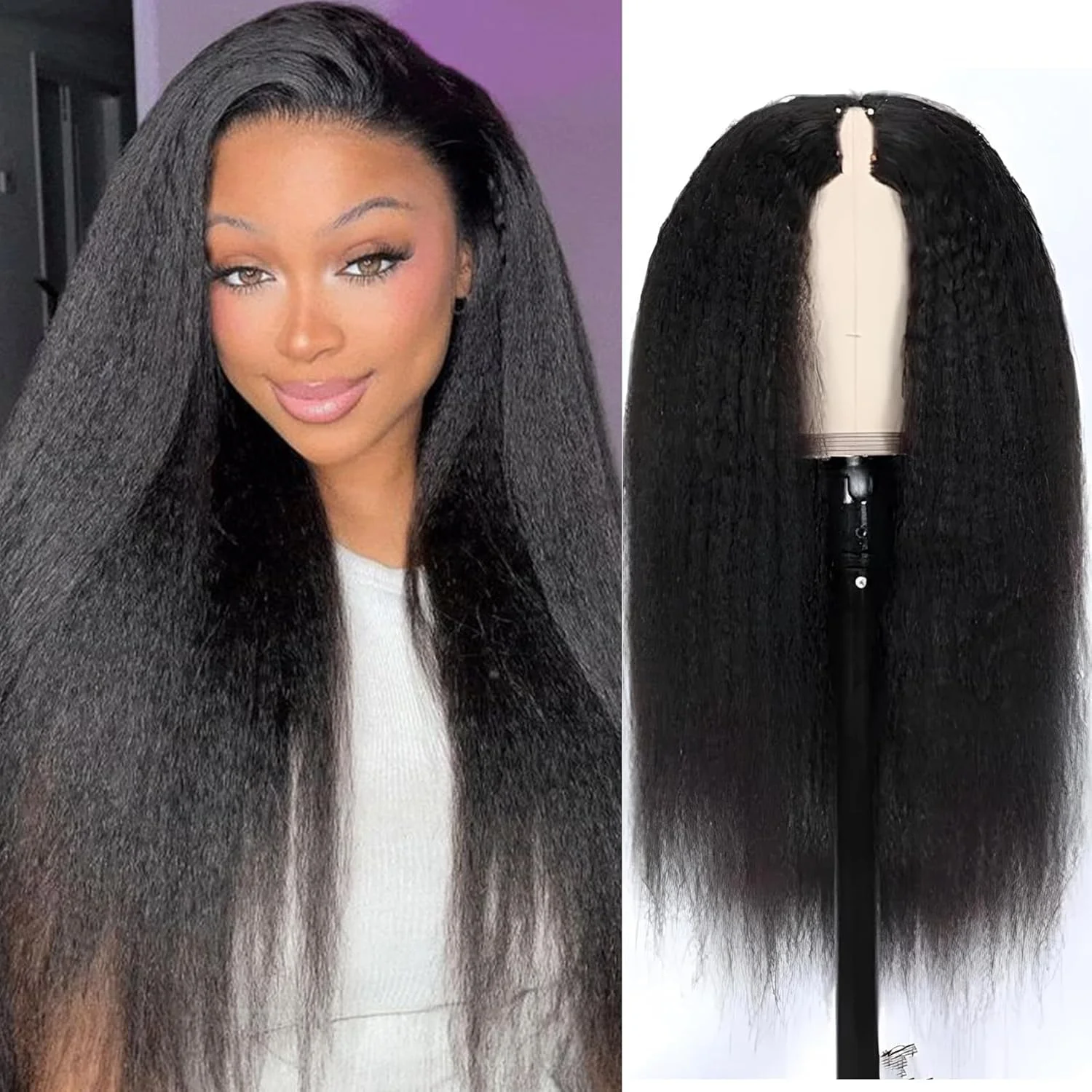 Kinky Straight V-Part Perücke, Klebefreie Echthaarperücke für Frauen, Natürliche Schwarze Farbe, Kein Leave-Out, Yaki Straight Haarperücke, 250% Dichte