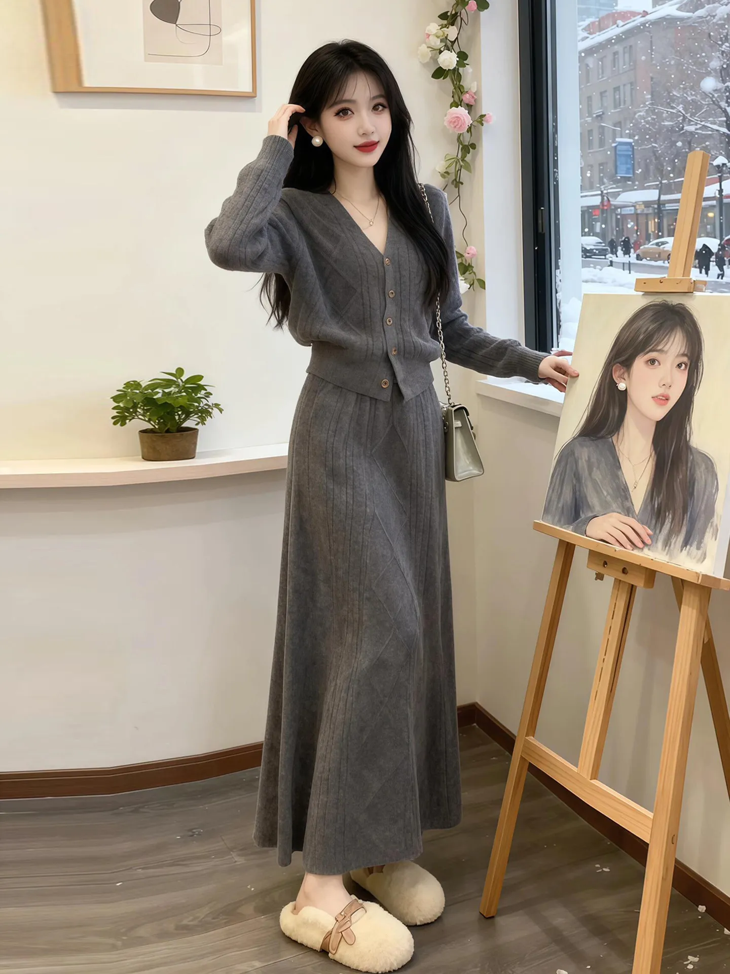 

Elegant Grey V-Neck Knitted Open Cardigan And Skirt Set for Women Comfortable Mid-Length Spring Outfit High Waist Long Sleeve
