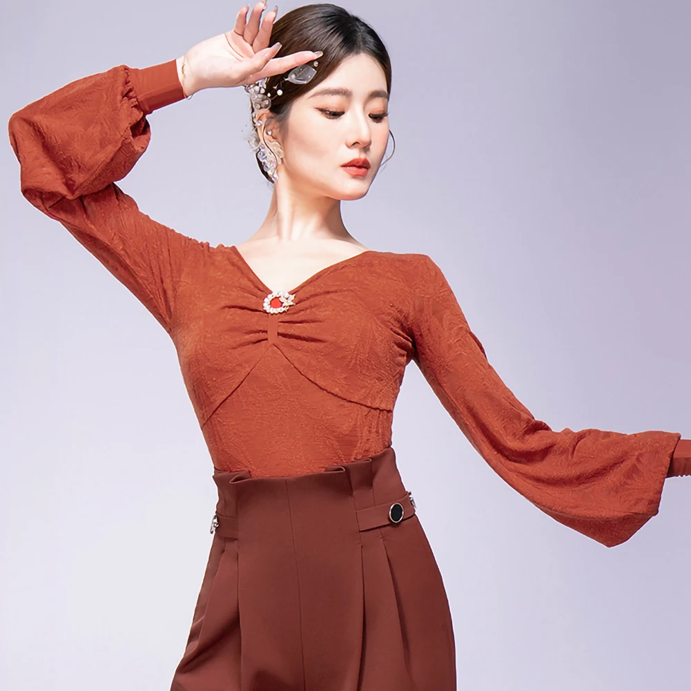 Mangas acampanadas, Top de baile de salón negro, vals, salón de baile, fucsia, elegante, moderno, ropa de práctica, vestido de salón caramelo