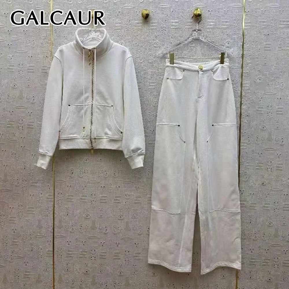 

GALCAUR Solid Spliced DrawstringTwo Piece Set Female Turtleneck Long Sleeve Jacket High Waist Casual Women's Trousers Sets New