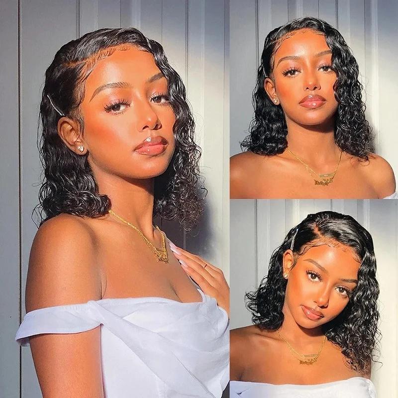 ジェリー・カーリーウィッグ 14インチ ボブウィッグ 人毛 4x4クロージャーレースウィッグ 密度200% 生え際処理済み ショートボブウィッグ 女性用