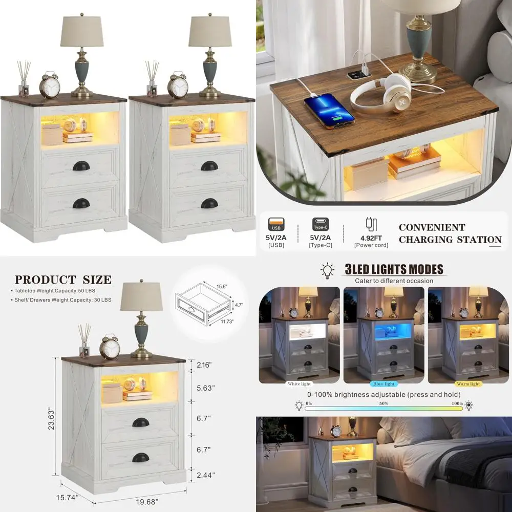 Smart LED Nightstands Set of 2 with Charging Station, Human Sensor Lights, 2-Drawer End Tables for Bedside Use