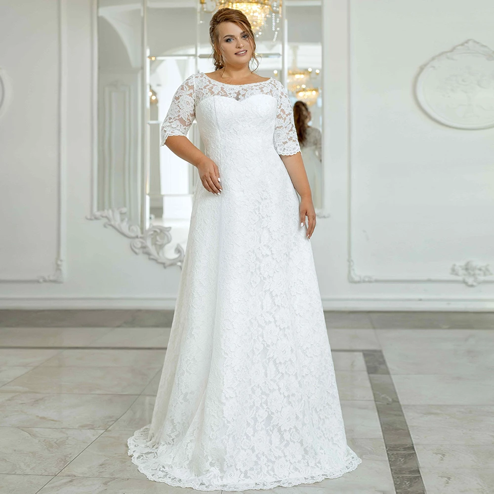 Customized Weilinsha Plus Size Lace Wedding Dresses Half Sleeves Scoop Corset Sweep Train Button Back A-Line Bridal Robe De Mari