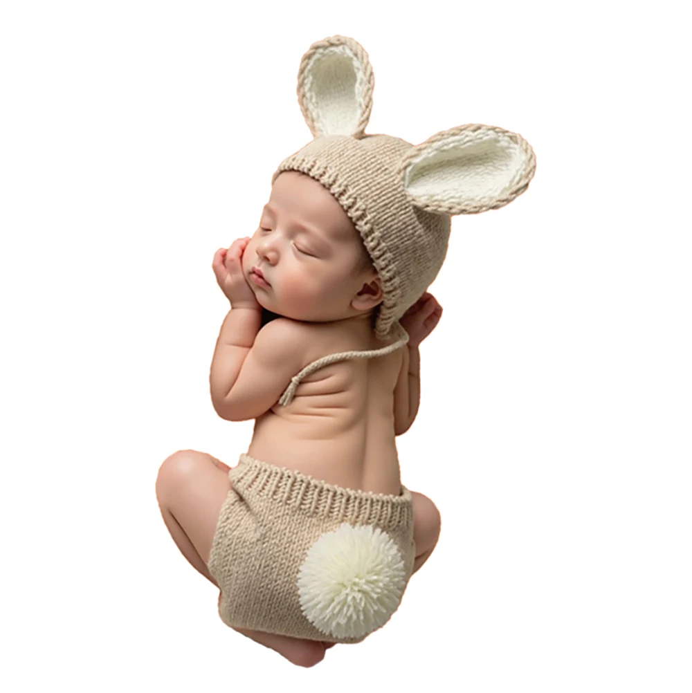 Newborn Photography Props Baby Bunny Knit Outfit Costume with Hat Shorts Set for Infant Photo Shoot Baby Shower Gift