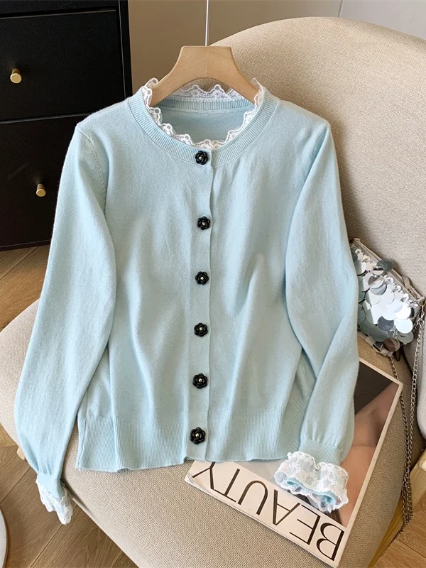 

Французский свободный кардиган с длинными рукавами, вязаный, с кружевными вставками, женский, для ношения под одеждой, базовый слой, большие размеры, топ