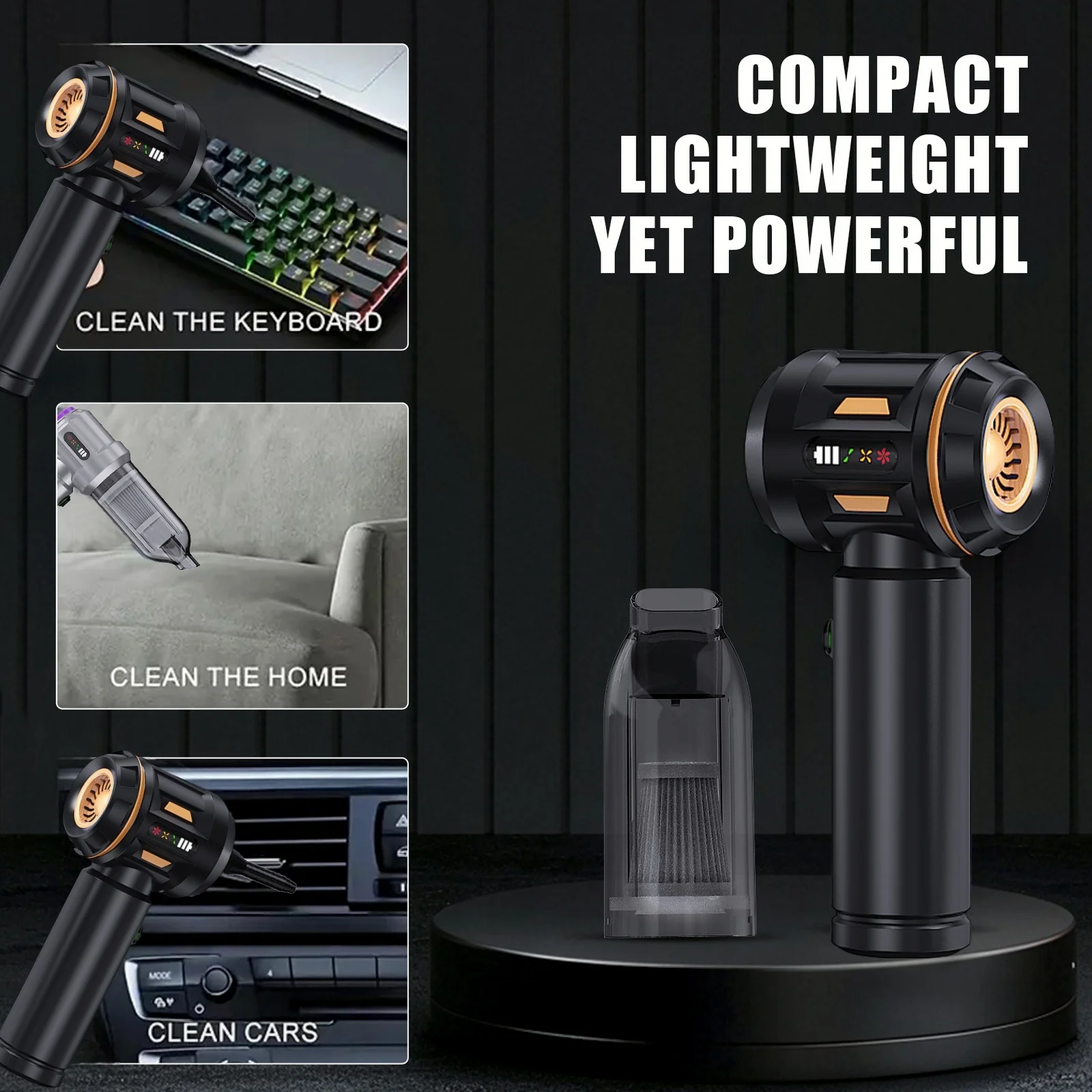 17000Pa High Suction Power Rechargeable Portable Car Vacuum Cleaner with Digital Display Screen and LED Light, 2000mAH*3