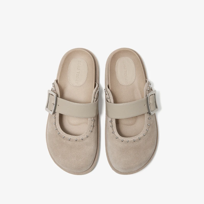 BEAUTODAY Casual Mules Women Cow Suede Leather Buckle Drecor Round Toe Slippers Rivets Outdoor Ladies Flat Shoes Handmade 34156