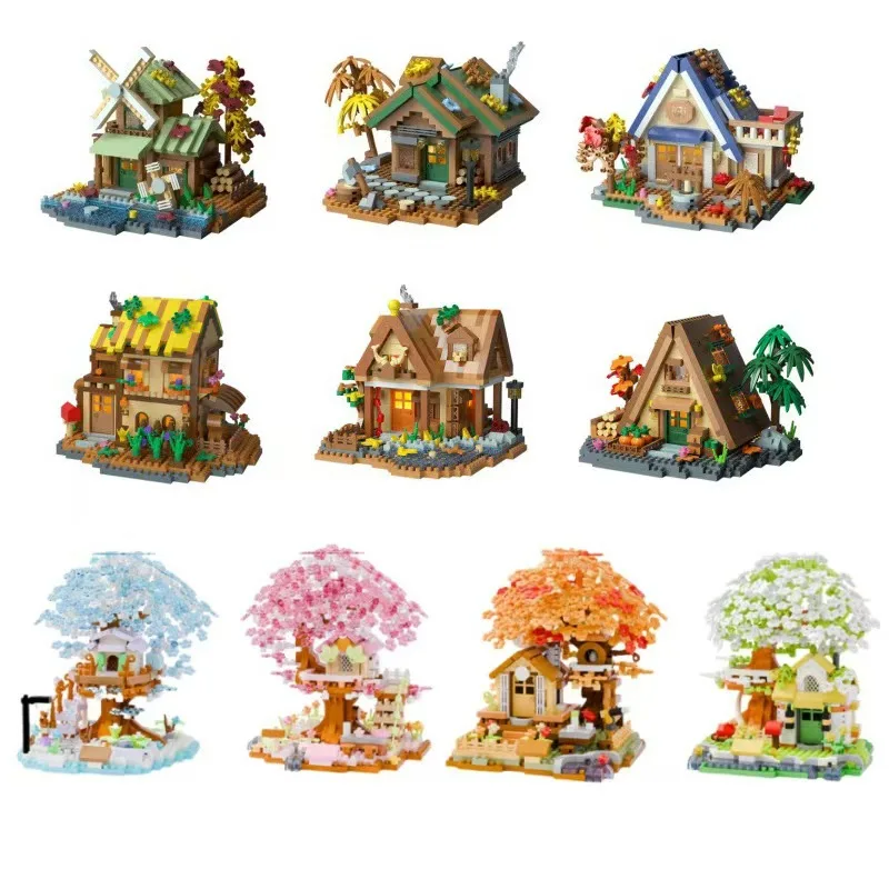 Casa de madera creativa, escena de calle, modelo de construcción, bloques de construcción, casa de árbol del bosque, rompecabezas, decoración, juguetes para niños