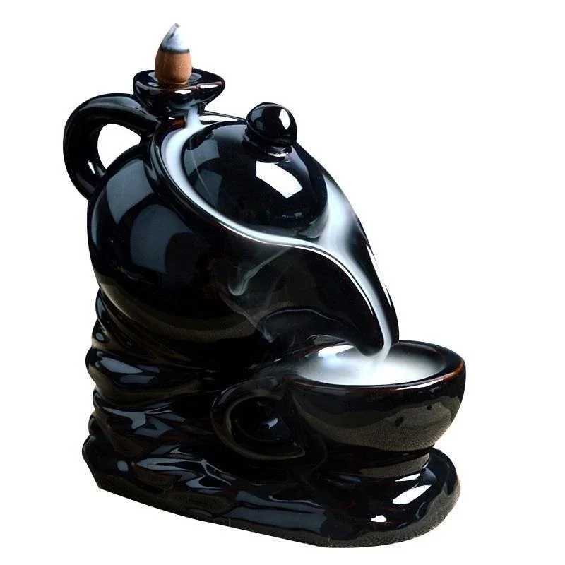 Teapot Cup Shape  Incense Burners Handmade Black Ceramic Backflow Incense Burner Holder home Buddhist Temple Decor  WY606