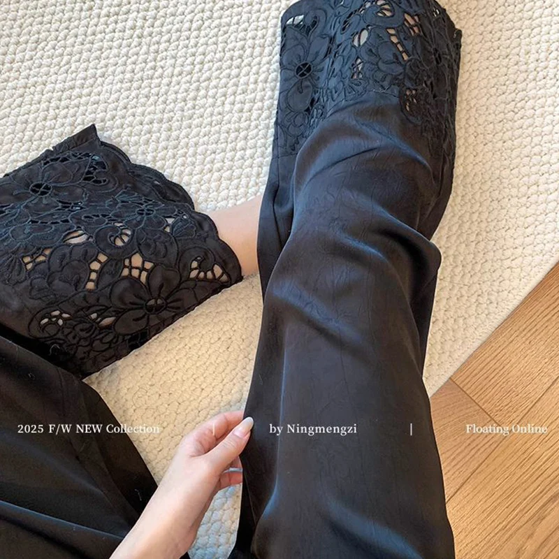 Ladies Office Lady Simplicity Lace Patchwork Black Elastic Waist Straight Summer Chinese Style Hollow Out Slim Wide Leg Pants