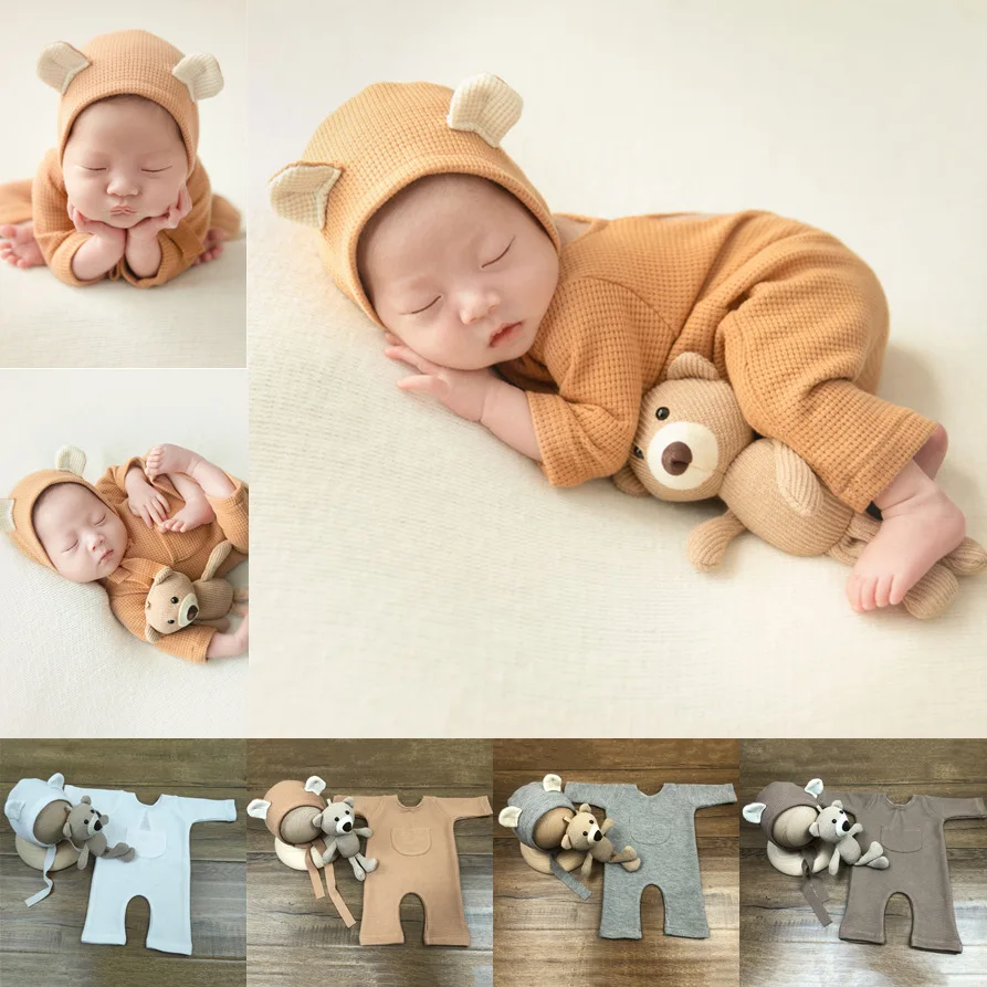 Baby Photoshoot Costume Casual Simple Rompers+Bear Ear Cap+Bear Doll 3pcs/sets Newborn  Photography Jumpsuit Pants Outfits