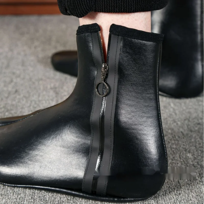 

Unisex Zipper Black Winter Stockings Adult Men and Women Middle High Tube Fleece-lined Thick Keep Warm Leather Floor Room Socks