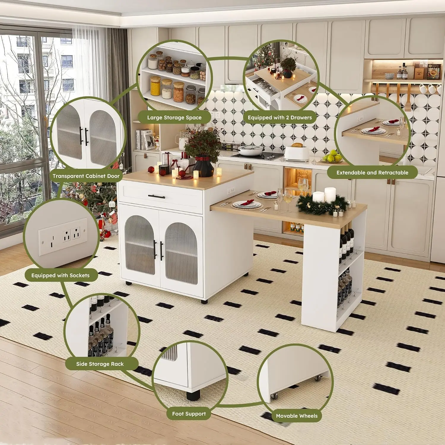 80" Kitchen Island Extendable Table Marble Top Power Outlet Rolling Cart Cabinet 2 Drawers Dining Room, Customized image 5