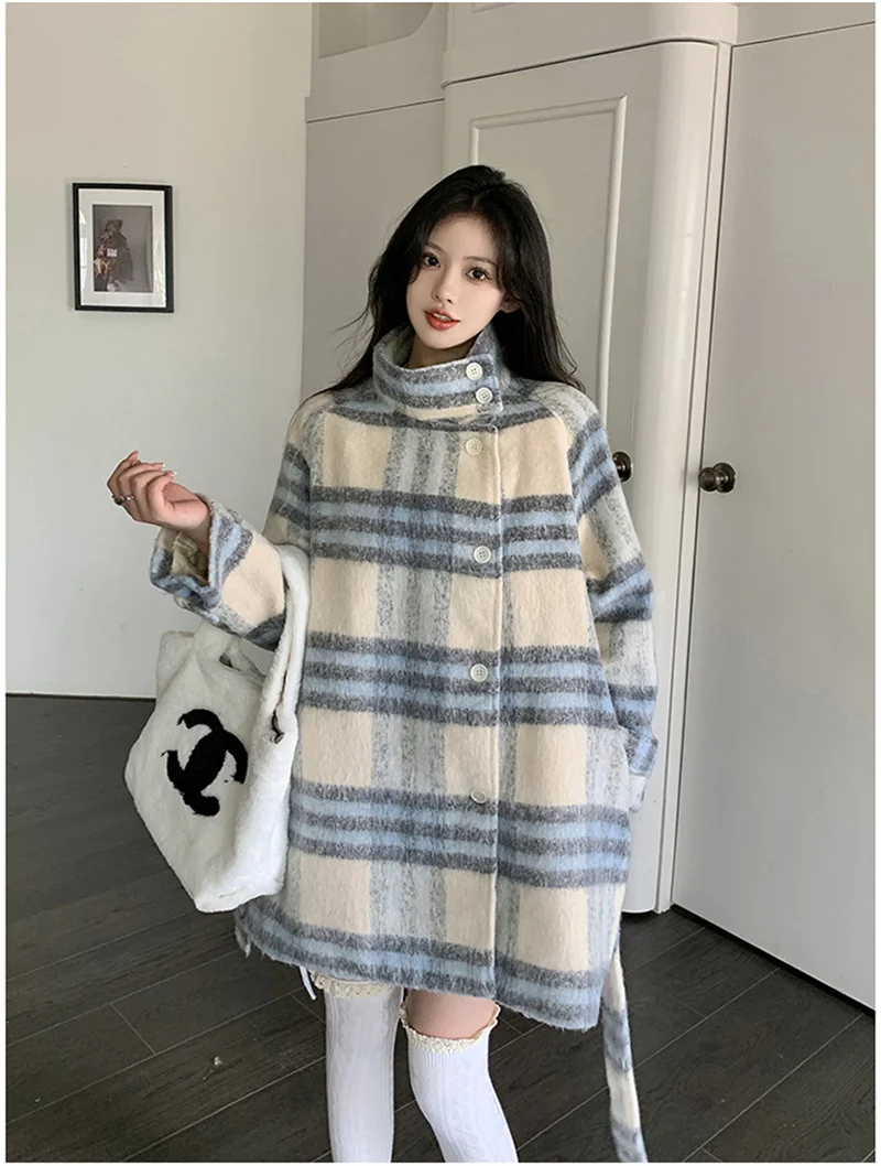 Blue and White Plaid Woolen Coat Autumn and Winter 2023 New Korean Fashion Versatile Premium Thickened Woolen Coat Commuter P305