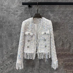 Women's V-Neck French Tassel Tweed Jacket, Customized Hardware Button Jacket, High Quality Tops, Fall, New, 2024, y2k