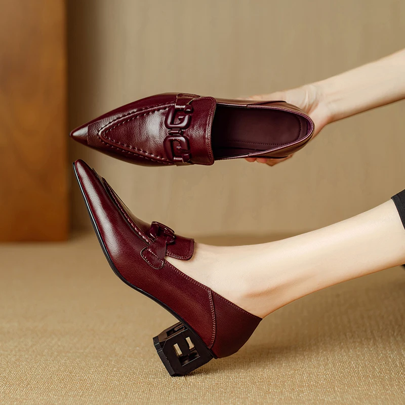 

Women's new spring and autumn pointed leather sheepskin retro high heels, single shoes, Mueller shoes, work shoes, fashion shoes