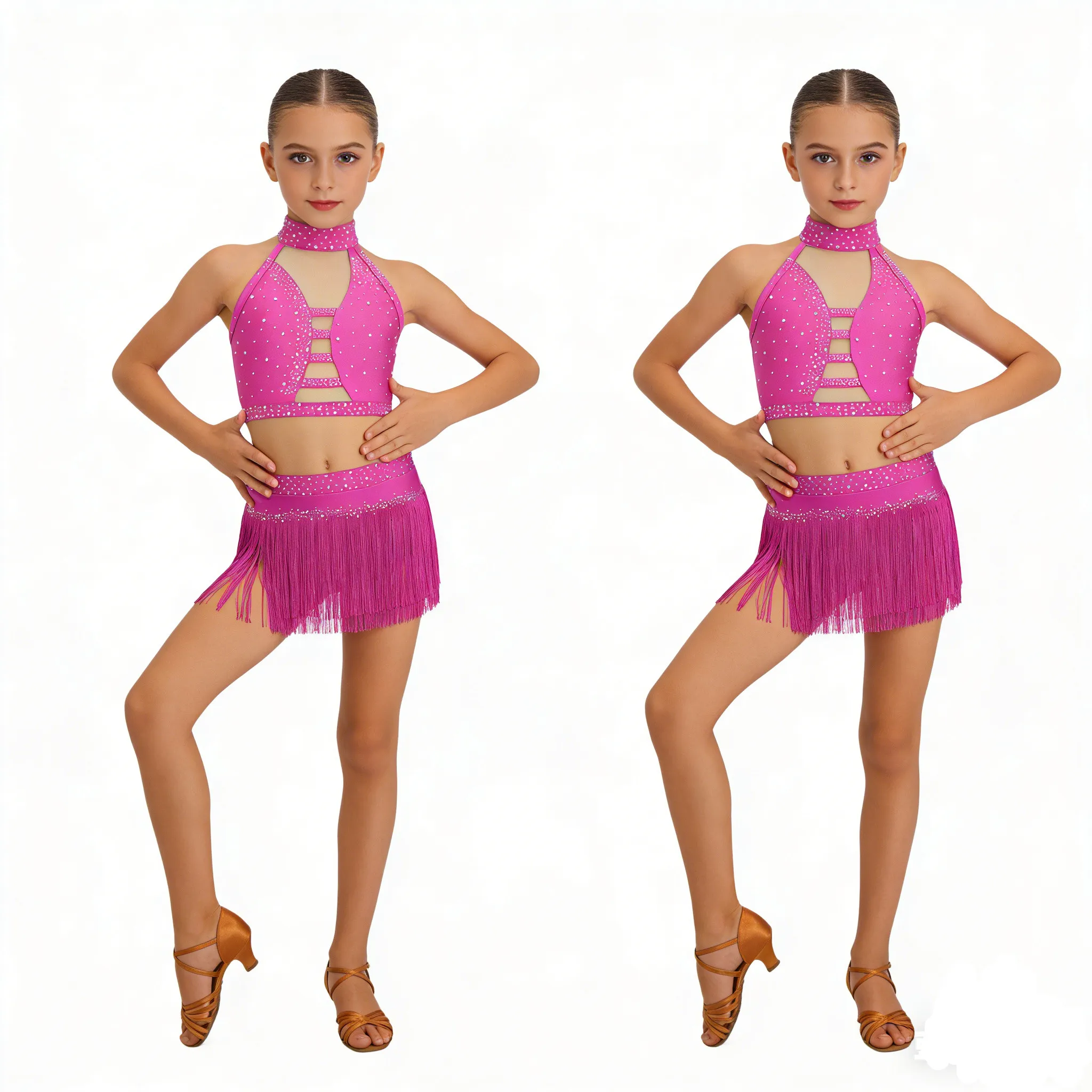 

Детский костюм для латиноамериканских и джазовых танцев для девочек: топ с сеткой и стразами, брифы с бахромой, юбка-шорты для ча-ча-ча, самбы, румбы, сальсы, лирических танцев