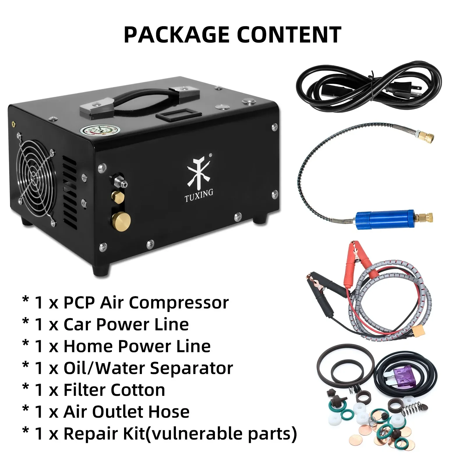 TUXING 300Bar PCP Air Compressor 4500Psi High Pressure Portable Compressor with Car 12V Power Supply for Scuba Diving Air Rifle