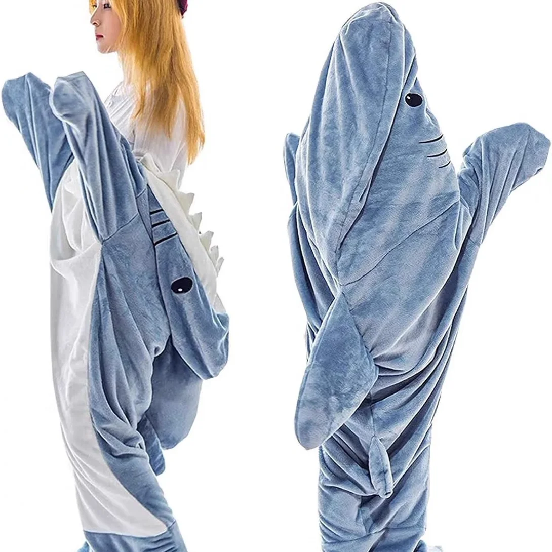 Portable Cartoon Shark Blanket Wearable Pajamas Office Nap Shark Blanket Sleeping Bag For Adults Children