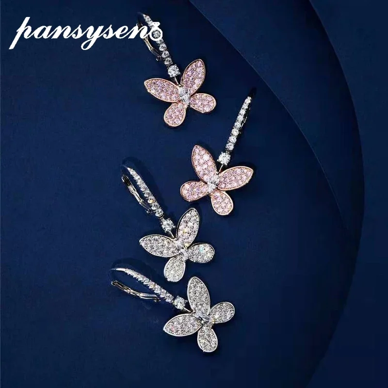 

PANSYSEN Romantic Solid 925 Sterling Silver Pink White High Carbon Diamond Butterfly Clip Earrings for Women Luxury Fine Jewelry