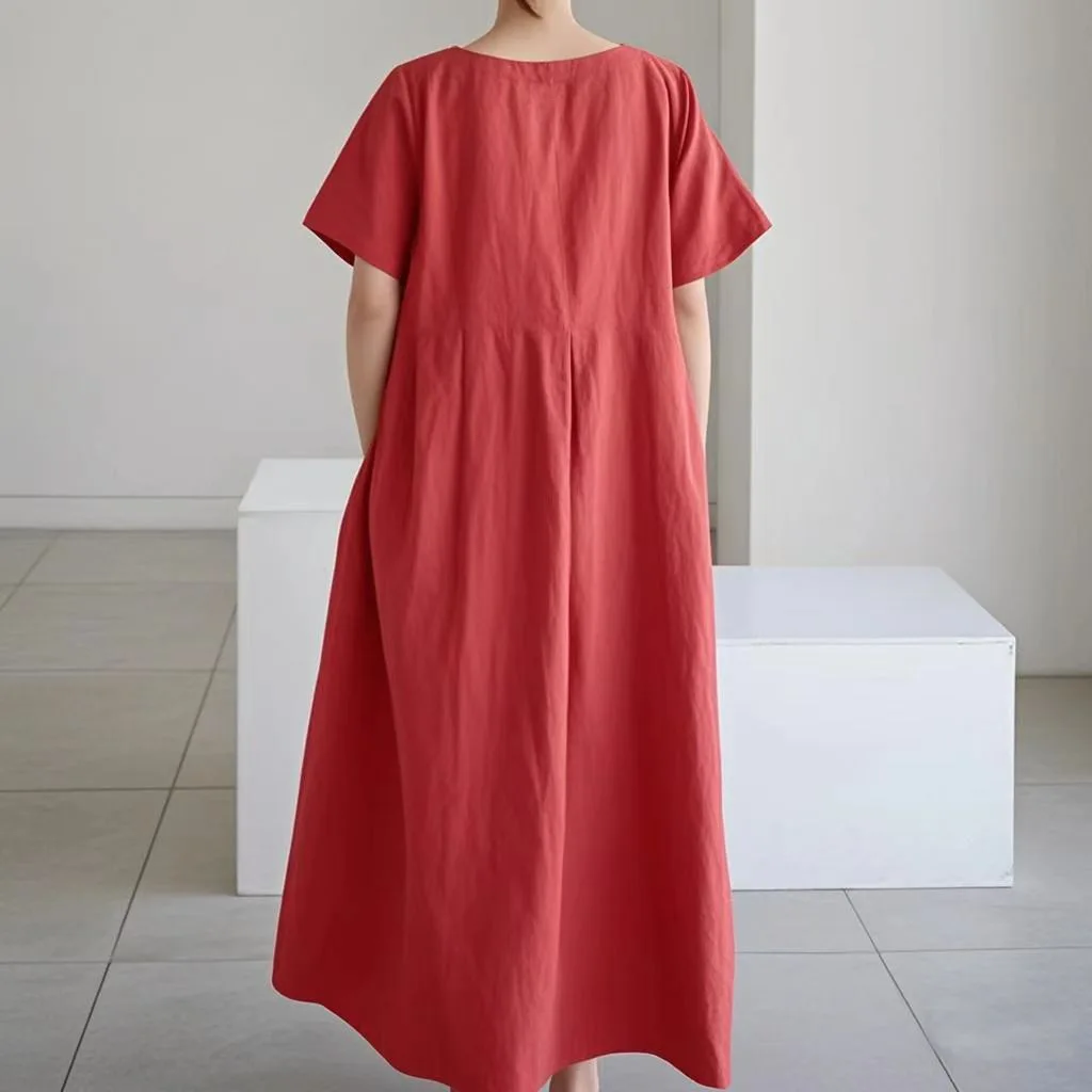 المرأة القطن الكتان فساتين متوسطة الطول الصيف شيك الإناث Vestidos فضفاض الصلبة ألف خط بوهو فستان قصير منتفخ كم فستان الشمس غير رسمي جديد