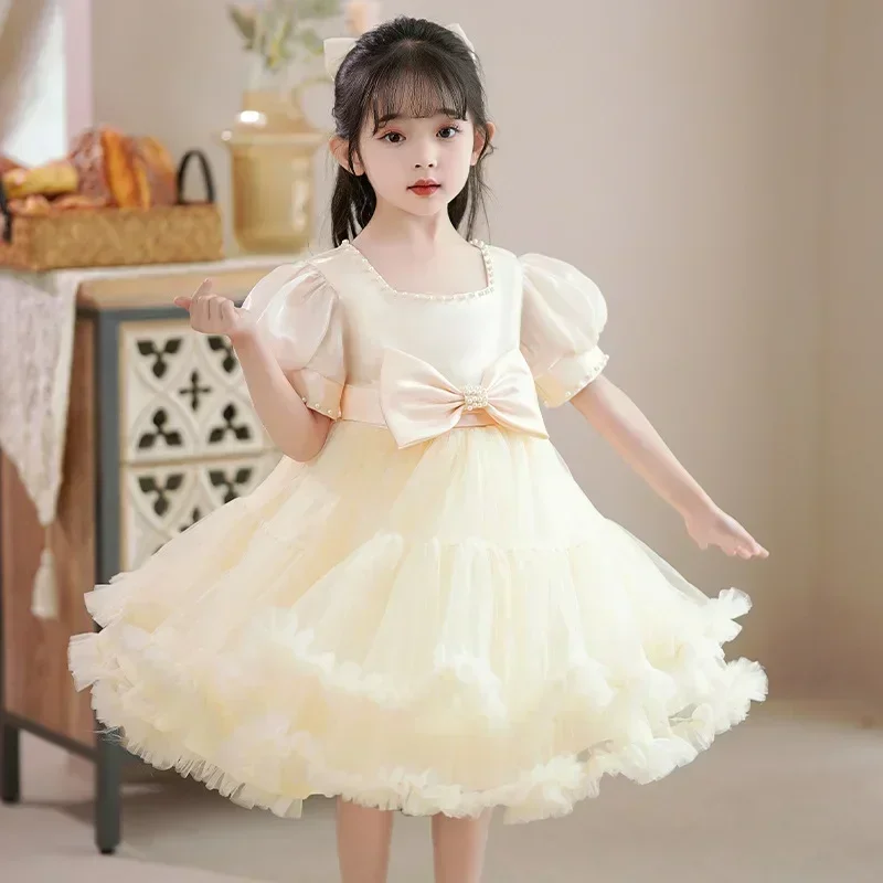 Vestido infantil de princesa para meninas, elegante, de malha, fofo, para performance de piano, verão