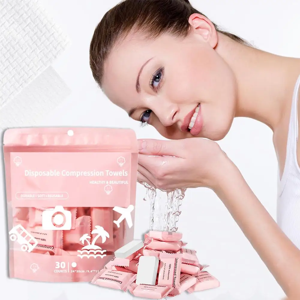 Lençóis de toalha comprimida Toalhas faciais descartáveis para viagens, camping e caminhadas 1 pacote de 30 unidades tamanho 9,4" x 11,8"