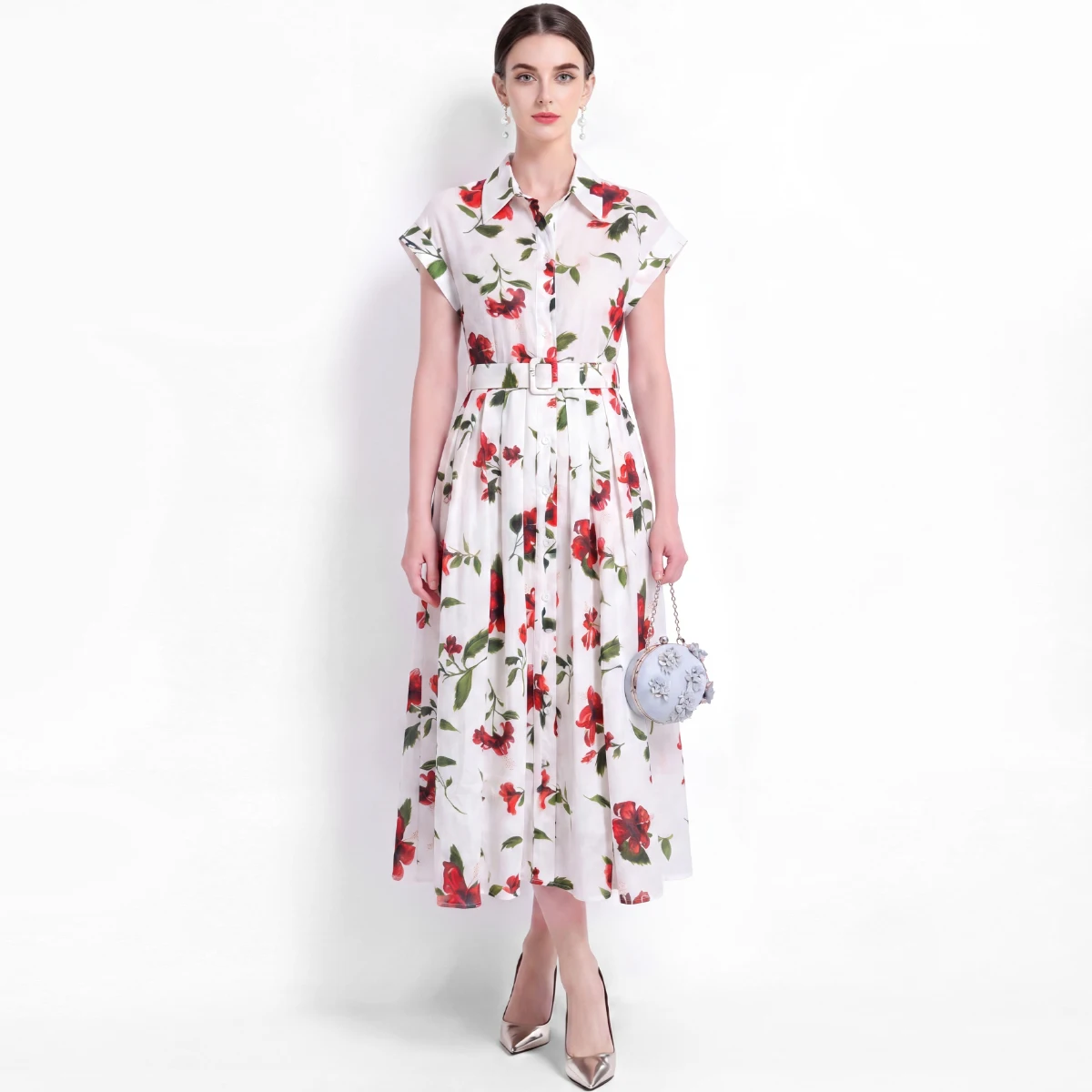 Stylish Floral Shirt Dress Short Sleeve Button Down Belted Waist A-Line Silhouette Vintage Inspired 2026 Summer Collection