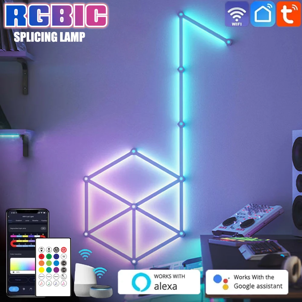 Lámpara LED de pared inteligente con WIFI, barra de luz RGBIC, luz nocturna de ambiente artesanal, aplicación de música, ritmo, retroiluminación de