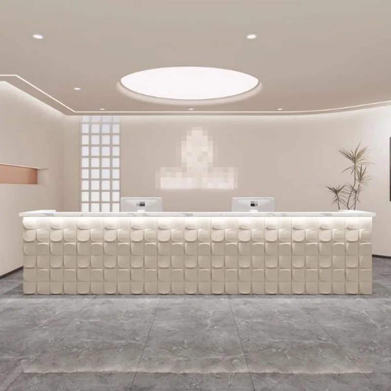 ترحيب مكاتب الاستقبال في الفندق تصميم الشركة مكاتب الاستقبال درج الزاوية أضواء LED الأثاث الأبيض Comptoy Accueil العصرية #2