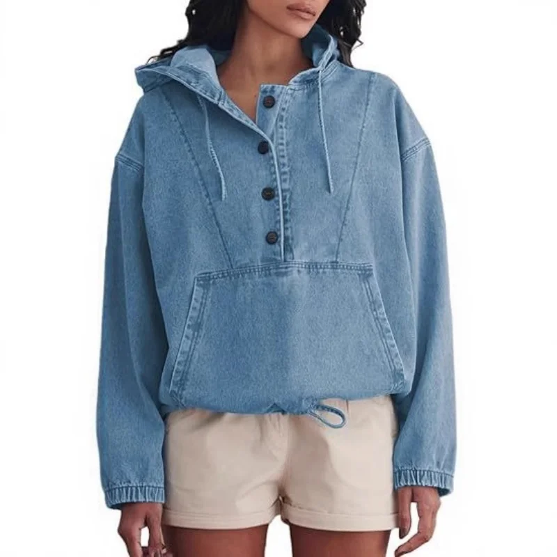 

Women's Fashion Denim Hoodie Buckle Jacket 2026 Denim Sportswear Top Trendy Casual Outerwear for Ladies