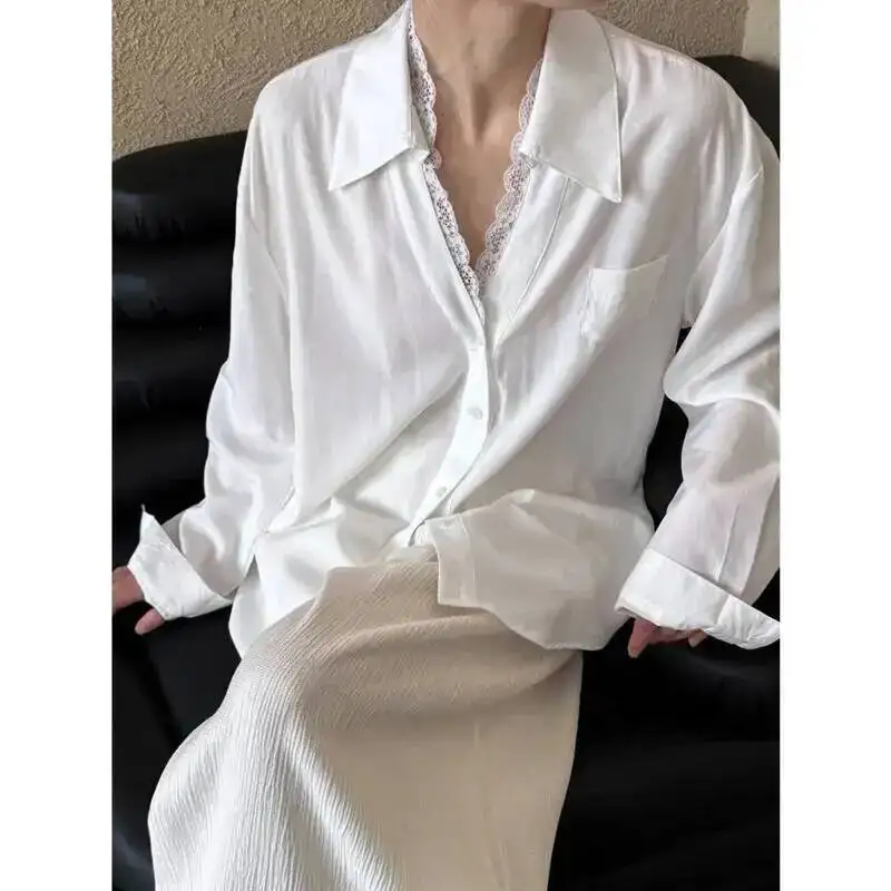 

Women Polo Collar Lace Patchwork Shirts Spring Summer Single Breasted Loose Pocket Casual Blouses
