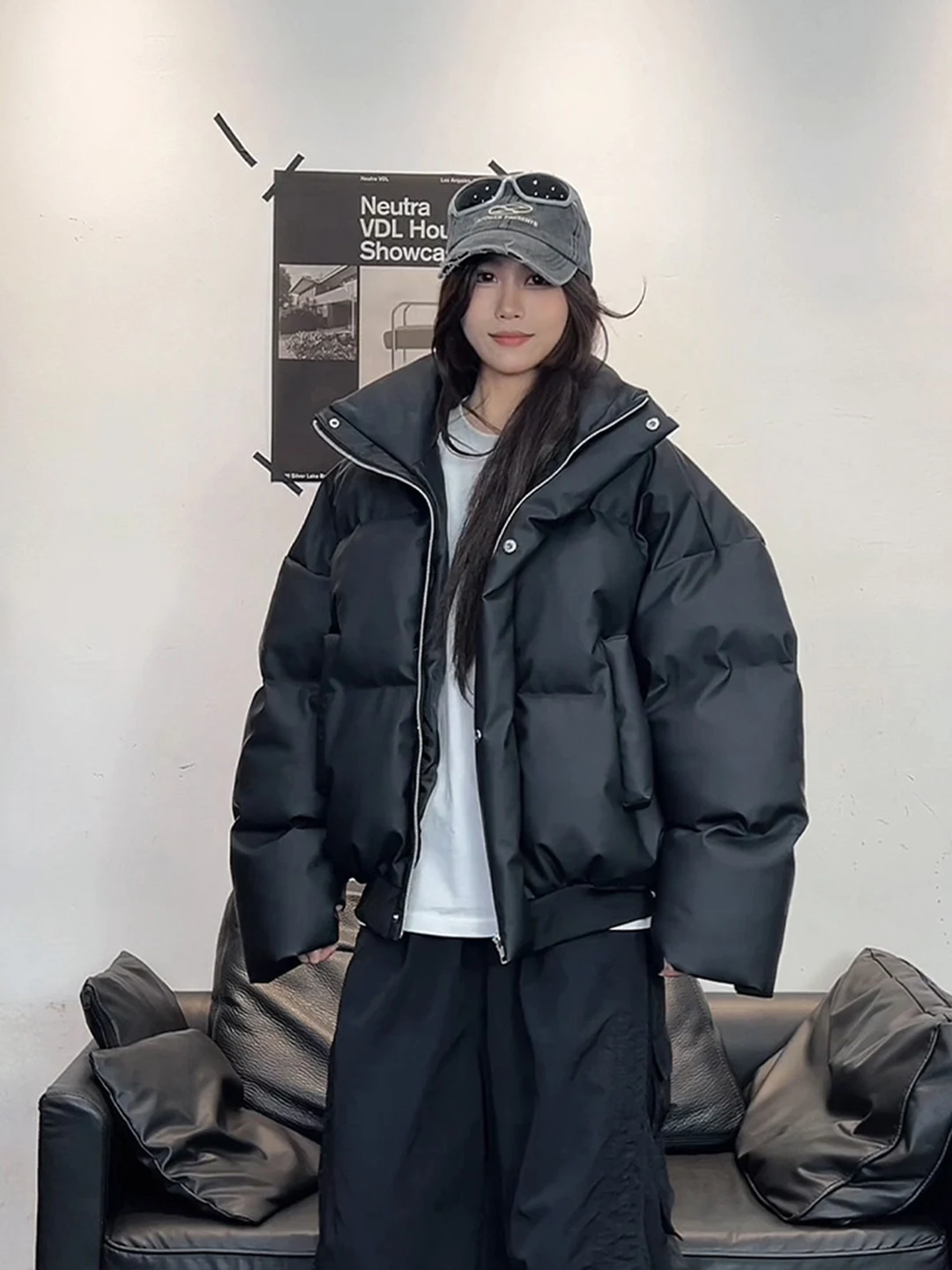 

Matte Bla PU Leather Cotton Jaet Men's Winter American Boxy Hard Bread ort Sle Stand Collar down Cotton Coat