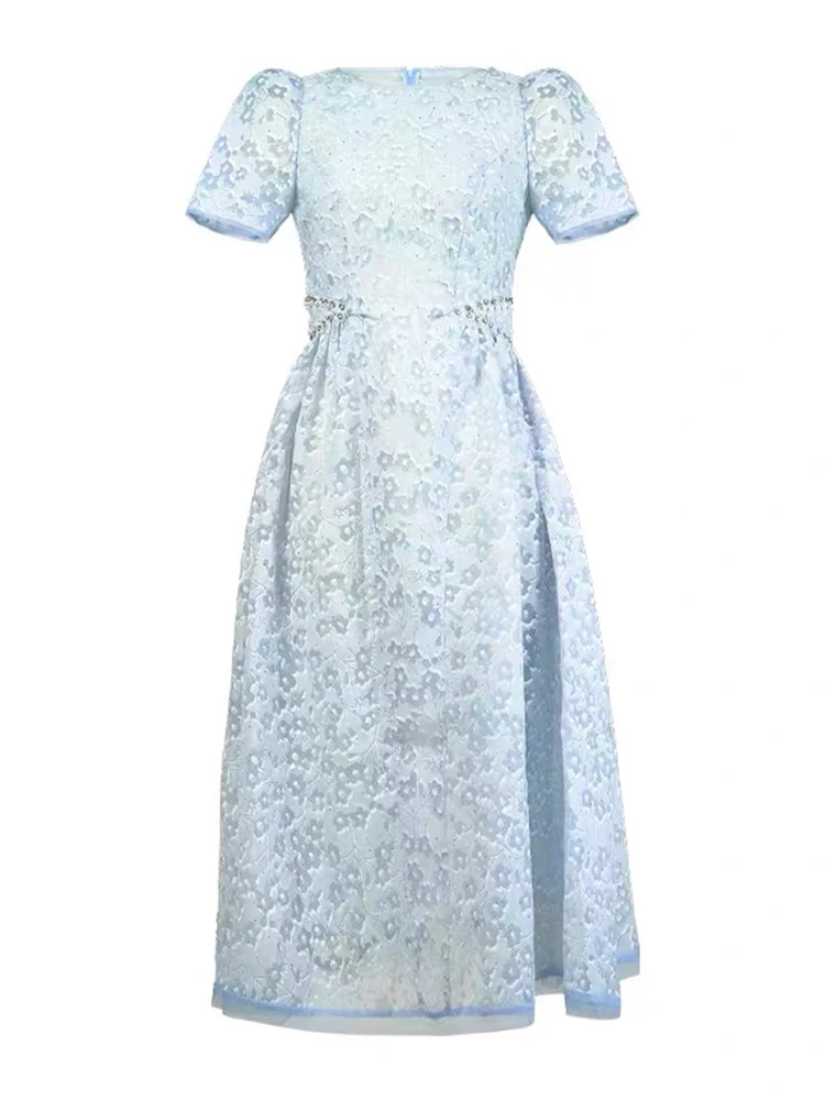 Vestiti delle donne Dolce Blu Stampa floreale O-Collo Sottile A-Line Abito lungo Elegante Lady Fashion Party Compleanno Vestido Robe Boho Summer