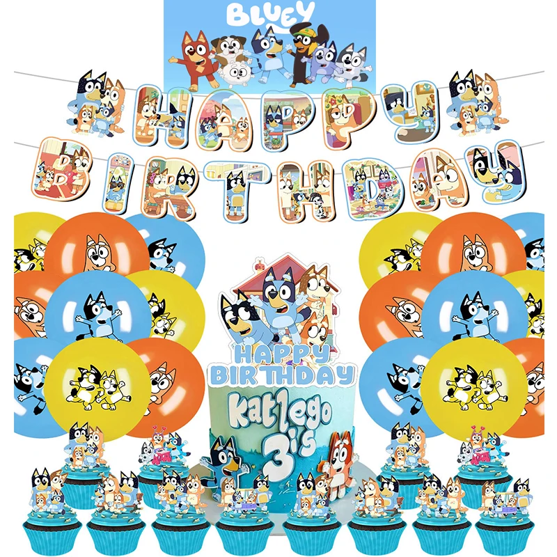 New Bluey Anime Action Figures decorazione per feste periferiche Banner per palloncini Cake Topper Rave decorazioni per feste di compleanno Baby Shower