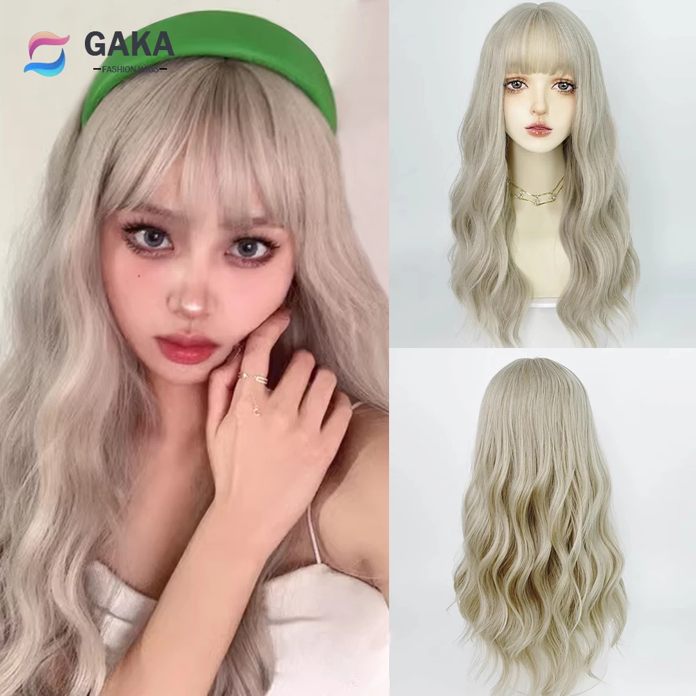 

GAKA Light Blonde Wavy Curly Synthetic Women Wigs with Bangs Lolita Cosplay Fluffy Natural Hair Wig for Daily Party