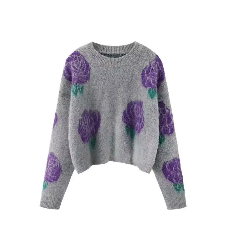 2023 Flower Fashion Sweater Pullover Women Autumn Winter Gray Sweaters Coat Printing Loose Knitwear Top Female Knitted Sweater