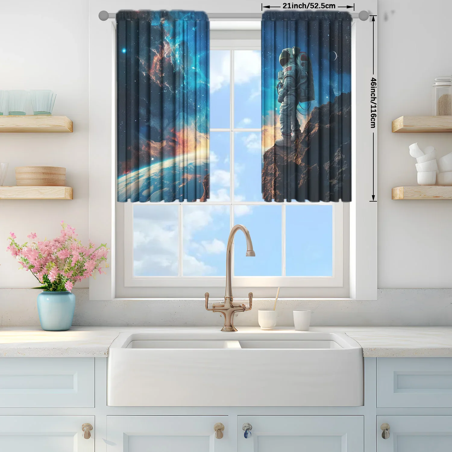 2pcs Astronaut Printed Curtain for Home Decor - Rod Pocket Window Treatment for Bedroom, Office, Kitchen, Living Room, and Study