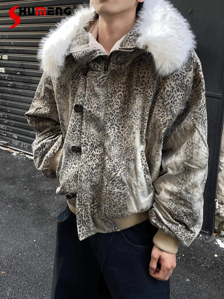 

Fashion American Style Leopard Print Fur Collar Cotton Jackets Men Women 2025 Winter New Trendy Parkas Loose Comfort Warm Coats