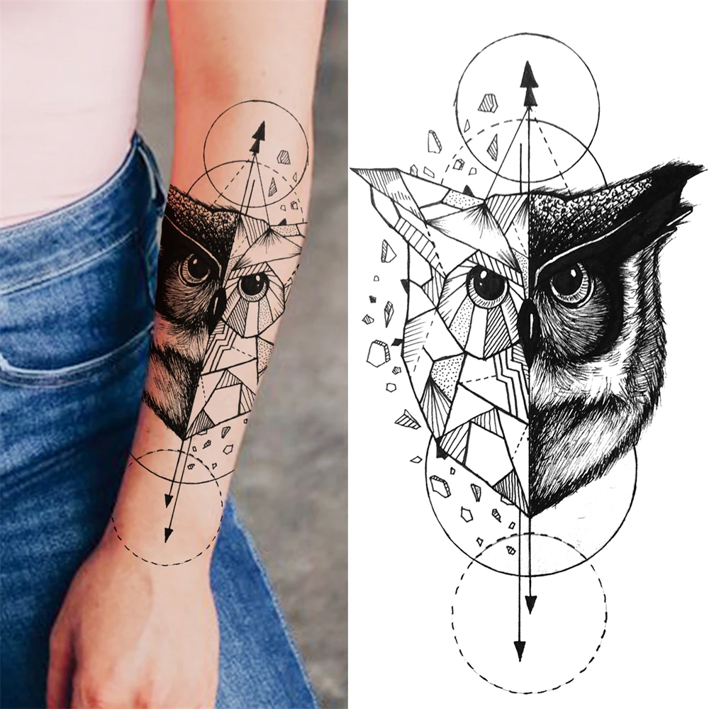 Black Geometry Wolf tatuaggi temporanei per donna uomo adulto gufo piuma tatuaggio finto realistico Body Art pittura tatuaggi a mezza manica