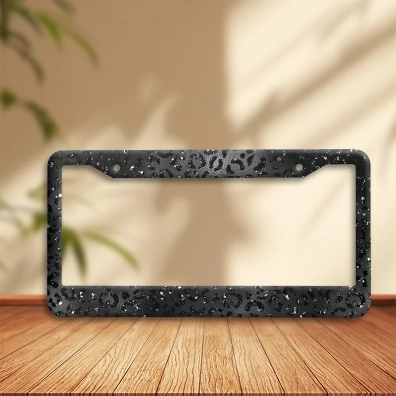 Black Leopard Print Glitter Car License Plate Frame Sparkly Bling Trendy Stylish Tag Holder Novelty Gift Rustproof Easy Install